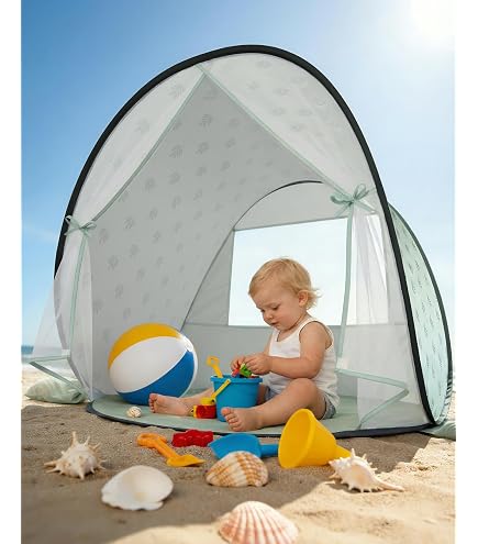 XIUWOUG Strandmuschel Baby uv Schutz 50, Pop up Strandzelt als Sonnenschutz für den Strand, 360° Moskitonetz Zelt, Inklusive Tragetasche für Reisen und Camping, Geeignet für Sand und Rasen,Rosa Sport &