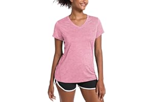MAGCOMSEN Damen Sport Shirts Kurzarm Atmungsaktiv Jogging Shirts V-Ausschnitt Polyester Trainingsshirt Sommer T-Shirt Leichte Fitness Shirt für Yoga