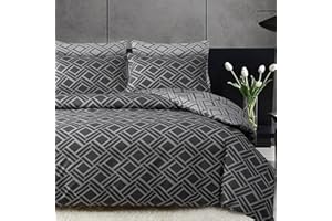DEKORO Double Duvet Set - Premium Microfibre Double Bedding Set (200 x 200 cm) - Reversible Duvet Cover Sets - Ultrasoft Double Bedding Set Grey Checkered Pattern With Pillow Cases