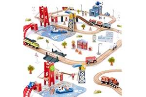 Giant bean Train en Bois, Set de 117 Pièces sur Le Thème de la Ville pour Enfants, Circuit de Train Modulable et Évolutif, Jouet pour Jeunes Enfants, Cadeau pour Filles et Garçons à partir de 3 Ans​