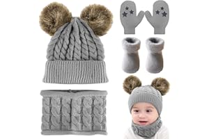 CheChury Conjunto de Bufanda y Gorro de Punto Unisex Niños Niñas Invierno cálido Punto Beanie Gorros con Pompon Bufanda de Punto Cuello Redondo Bebé