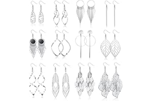 JeweBella 12 par kolczyki wiszące dla kobiet dziewcząt hipoalergiczne kolczyki damskie srebrne frędzle liść fala długie kolczyki damskie zestaw