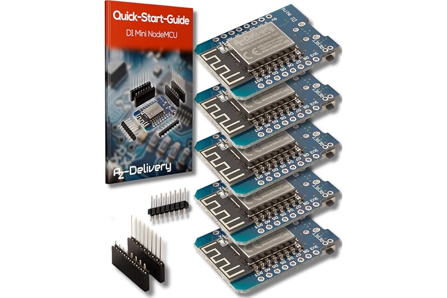 AZDelivery 5 x D1 Mini NodeMcu WiFi Board ESP8266-12F CH340G WLAN ESP8266 Micro USB Lua Module 3.3V 500mA compatible with Arduino Including E-Book!