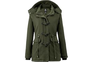 Wantdo Femme Duffle Coat Doublure Polaire Manteau Chaud en Coton Manteau à Capuche Détachable Veste Hiver Parka Militaire Slim Fit