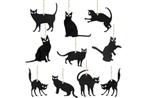 WATINC 31PCS Halloween Wooden Hanging Ornaments for Kids Black Cat Silhouette Hanging Sign Halloween Wooden Crafts DIY Wooden Decorations with Rope for Halloween Eve Home Holiday Decor Party Supplies