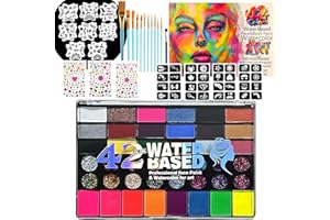 WHHVCTY Lot de 42 couleurs pour le visage pour enfants - Palette de maquillage non toxique à base d'eau avec pochoirs pinceaux et pierres précieuses ensemble de peinture pour le visage pour enfants, idéal