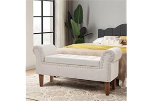 INMOZATA Linen Fabric Window Seat Bench with Storage Beige Ottoman Storage Bench Button-Tufted End of Bed for Living Room, Bedroom, Hallway