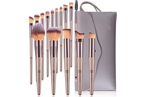 HEYMKGO Pinceaux Maquillages, Lot de 15 Set Pinceaux Maquillage Professionnel avec Trousse en Cuir PU, Kit Pinceau Maquillage Champagne Doré Trousse Makeup Brushes pour Fond de Teint Mélange de Poudre