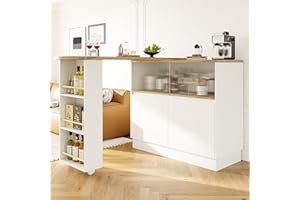 ModernLuxe 360°Drehbares Sideboard Stehtisch mit Ablageflächen und Glasschiebetür, Moderner ESS- & Barschrank 90x45x100cm, Küchenregal mit Stauraum, Weiß + Holzoptik, für Küche & Esszimmer