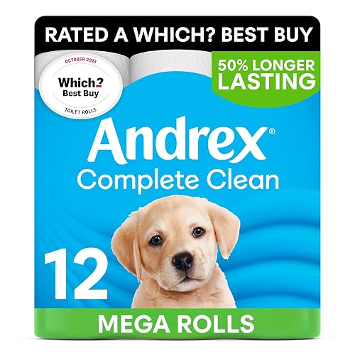 Andrex Complete Clean 12 Mega Toilet Rolls= 18 Standard Toilet Rolls, 50% Longer Lasting Paper with unique 3D Wave Texture for a Proven, Effective Clean, FSC Certified