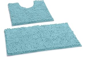 LuxUrux Luxury Chenille (2-Piece) Bath Mat Set, Soft Plush Anti-Slip Rug + Toilet Mat.1'' Microfiber Shaggy Carpet, Super Absorbent (Spa Blue, 80 x 50 cm + U Shaped 50 x 50 cm)