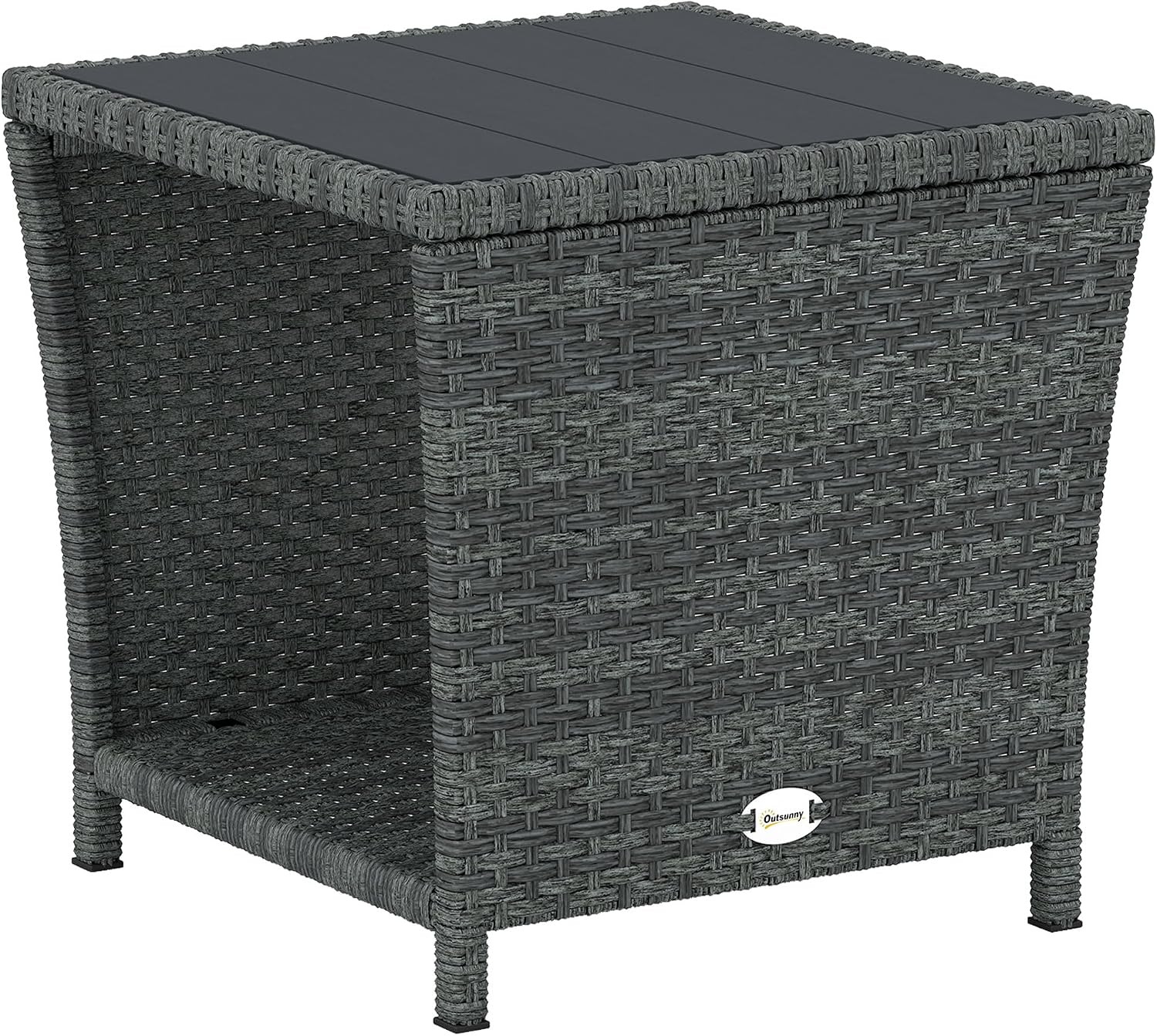 Outsunny 2-Tier PE Rattan Side Table with Storage Shelf, Square Outdoor Coffee Table with PS Wood Slat Top, UV-Resistant for Patio, Garden, Balcony, Grey