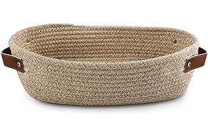 TENQUAN Cestino Portaoggetti in Corda di Cotone, 34 × 17 × 10 cm Cestino Intrecciato con Manico in Pelle Decora la Casa per Mensole dell'armadio Camera da Letto Bagno (Marrone Chiaro)