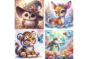 FLAJZ Diamond Painting für Kinder, 4 Pack Cartoon-Tiere Diamant Painting Bilder, Edelsteinkunst, Crystal DIY Voller Strass Diamantmalerei Set