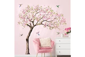 ‎SUPZONE Supzone Wandtattoo Groß Baum Kirschblüte Wandaufkleber Blume Rosa Wandsticker Kirschbaum Vögel Kinderzimmer Mädchen Wohnzimmer Schlafzimmer Wanddeko XXL