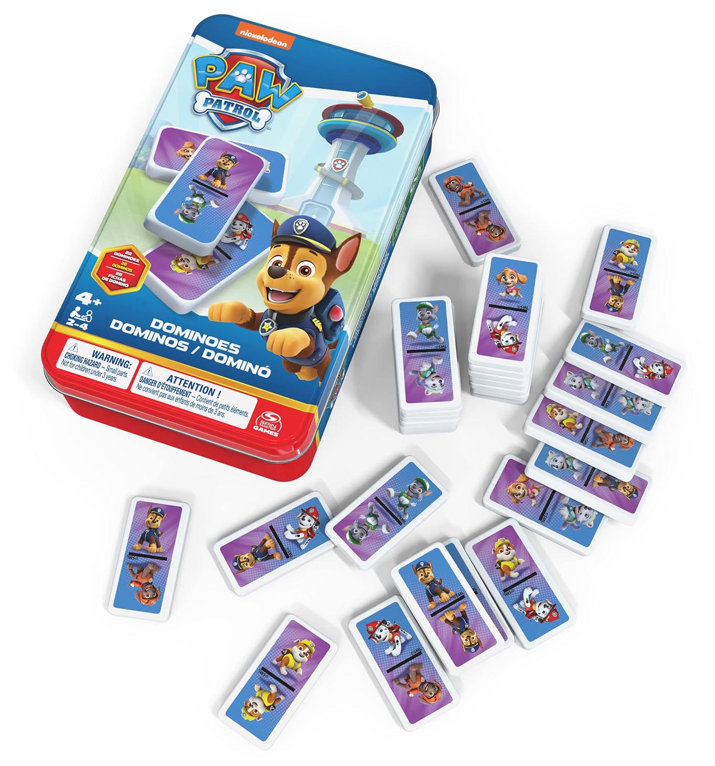 Spin Master Games Domino Infantil Patrulla Canina Juego de Mesa +4 Años | Dominó Patrulla Canina con 28 fichas en maletín metálico. Juego de mesa infantil para niños desde 4 años.