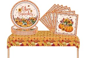 COSORO Autumn Thanksgiving Decorations Plastic Table Cloth,Paper Plates and Napkins Tableware Set,37pcs Fall Table Decorations Pumpkin Maple Leaf Dinnerware Sets for Thanksgiving Harvest Festival Decorations