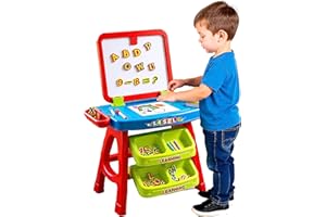 The Magic Toy Shop 2 in 1 Kids Easel & Learning Desk - Standing Art Station, Double Sided Magnetic Whiteboard & Blackboard with Storage, Chalk, Letters, Numbers - Educational Toy for Boys & Girls