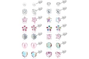 JeweBella Zestaw 14 par małych kolczyków na sztyfcie dla kobiet i dziewcząt, hipoalergiczne kolczyki ze stali chirurgicznej 316L, dla dzieci, śliczne kwiaty, perły, serce, cyrkonie, tragus, chrząstka,