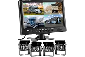 Podofo Caméra de Recul pour Véhicule 4 Caméras de 9" 4 Split Moniteur Caméra de recul étanche IR Vision Nocturne avec câble d'aviation 4 Broches (32 m/65 ft)