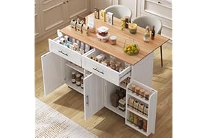 Huayz Isola da cucina autoportante con piano di lavoro pieghevole, carrello da cucina su 5 ruote, con ripiano e 2 cassetti, per sala da pranzo 129 x 71 x 91,5 cm (bianco)