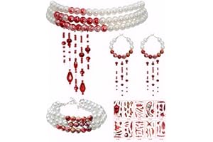 Wryzorix Halloween Accessoires Damen, 5 Stück Halloween Tattoo Narben Halloween Blutige Perlenkette Vampir Schmuck Blut Kostüm Damen, Armband Ohrringe Halskette Halloween