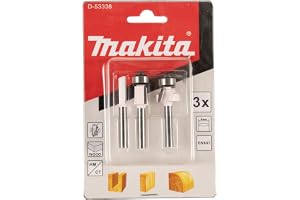 Makita D-53338 fräs-set 3 delar, hårdmetall, 6 mm skaft för överfräs, för trä, EN847, 1 x spårfräs, 1 x fräs, 1 x rundkantfräs