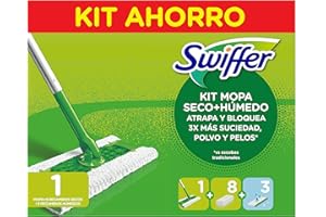 Swiffer Mopa Limpiador En Seco Y Húmedo Kit Básico Para Limpiar Madera Y Suelos, Con: 1 Mopa, 8 Paños Secos, 3 Paños Húmedos
