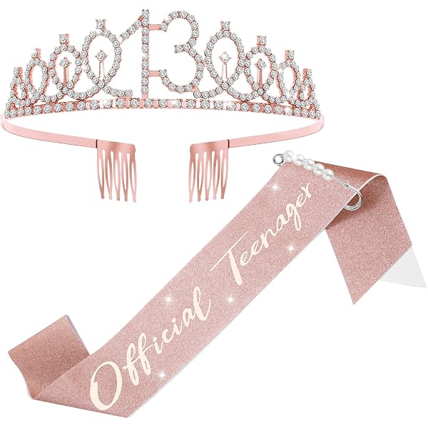 13th Birthday Tiara & Sash Set For Girls - Rose Gold 'Official Teenager' Crown & Satin Sash