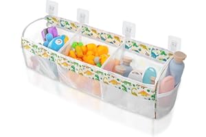 Huiguli Bolsa Juguetes Bañera, ExtraGrande Organizadores de Juguetes Baño con 5 Ganchos Autoadhesivos, Red de Almacenamiento Bañera para Niños Bebés, Secado Rápido (Dinosaurios)