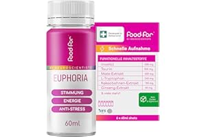 FOODFOR EUPHORIA Serotonin Shot - Mit Inositol, Taurin, Mate-Extrakt, L-Tryptophan, Kakaobohnen & Ginseng - Zuckerfrei, Vegetarisch, Schnell wirksam, Stimmungs- und Energie-Booster, 60 ml | 6-Pack