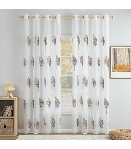 MIULEE Tende per Interni Moderne 2 Pezzi 140x260 CM, Voile Tenda Finestra Bianche Interno Salotto, Tenda Trasparente con Ricami a Foglie Motivi, Fantasia Tende Camera da Letto Soggiorno Occhielli