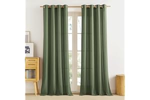 PONY DANCE Linen Curtains 90 Drop, Country - Style Curtains with Linen Eyelet Top Office Rustic Privacy Semi Sheer Panels Light Filtering for Bedroom/Dining Room, 55x90-Inch, Set of 2, Forest Green