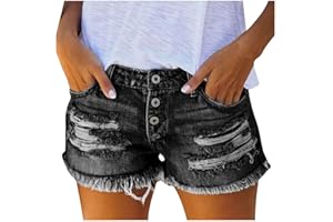 Briskorry Damen Jeansshorts Sommer Kurze Hose Jeans Ripped Zerrissen Loch Hotpants Shorts Stretch Denim Bermuda Hosen High Waist Stretch Boyfriend Skinny Pants Denim-Shorts