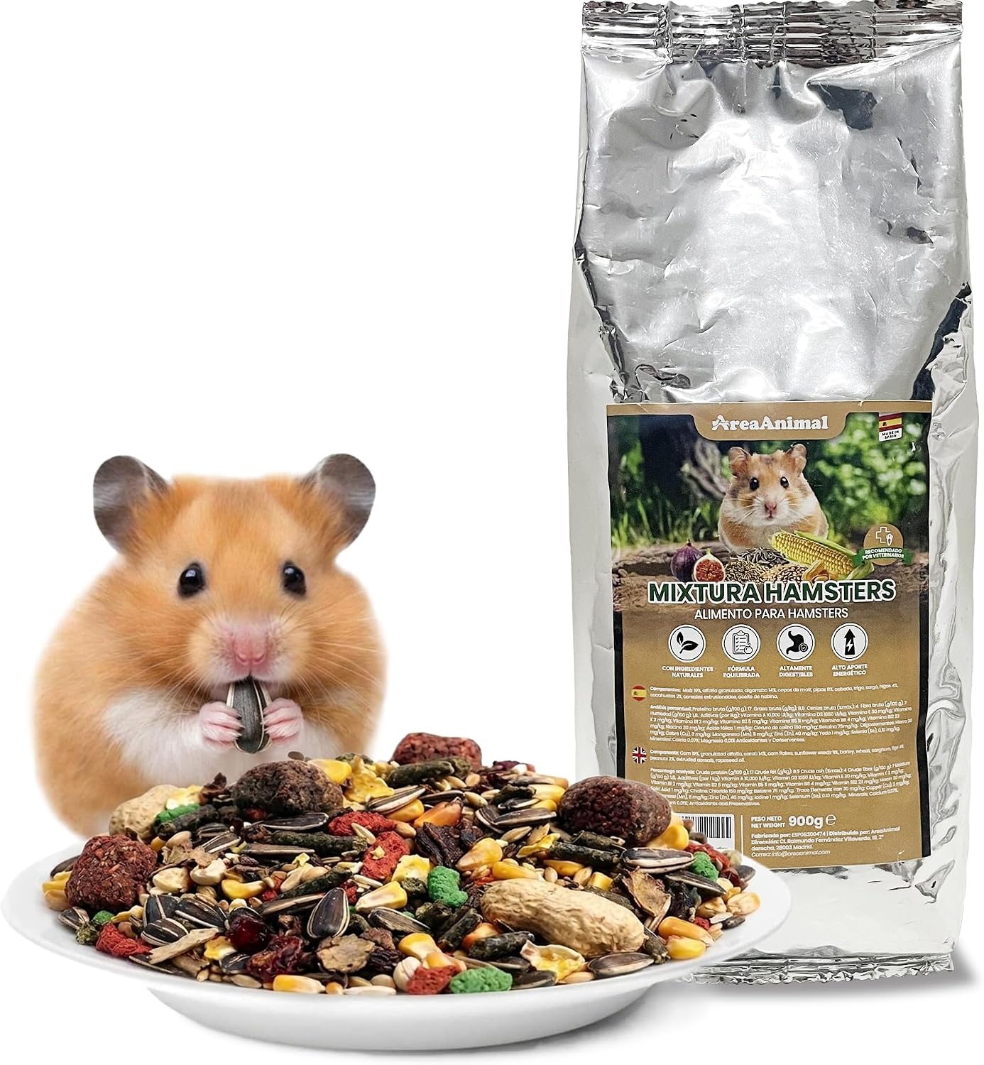 AreaAnimal - Comida Hamster, Comida Hamster Ruso 900G con Ingredientes Naturales, Alimento para Hamsters y Chinchilla con Equilibrio Nutricional, Ideal para la Salud de los Pequeños Roedores