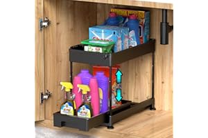 Ronlap höhenverstellbar Unter Waschbecken Regal 2 Etagen, Küchen Spülschrankregal mit ausziehbaren Schublade, Unterschrankregal Schubladen-Organizer Küchenschrank Organizer, schwarz