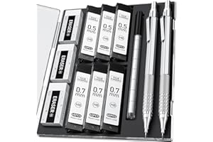 Four Candies Lot de 2 porte-mines Sliver en métal de 0,5 mm et 0,7 mm, avec étui, porte-mines pour artiste avec 360 mines HB, 3 gommes, 9 gommes pour l'écriture artistique, Argenté