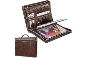 CataPurus Top Grain Leather 11" Strap Portfolio, Solid Retro Design, Handmade, Large Capacity Multi-Functional Business Zip Padfolio, Holder for Cards/iPad/Phone/AirTag/A5 Paper, Red Coffee 11 Inch