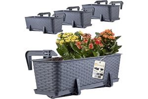KADAX Lot de 4 jardinières 60 cm en Plastique avec Supports de Fixation – Bacs à Fleurs rectangulaires pour Balcon, Pots résistants pour Plantes et Herbes aromatiques (Graphite)