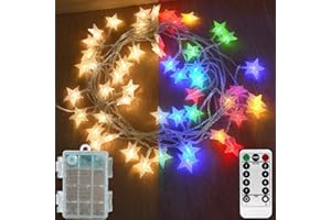 【3-in-1 Function】Abkshine 50 LED Star Fairy Lights, Battery Powered Christmas Lights, Warm White + Multicoloured String Lights for Indoor Outdoor Wedding Bedroom Patio Umbrella Decorations