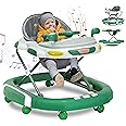 2 in 1 Foldable Baby Walker & Rocker - Multifunctional Walker with 4 Adjustable Heights, Removable Feeding Tray, Music, Lights & Silent Wheels - Baby Walkers for Boys & Girls 6 Months+ (Green)