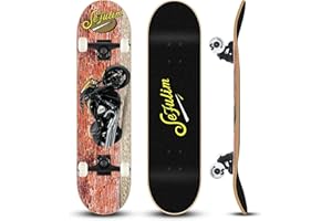 Sefulim 31 x 8 Inch Complete Skateboard 7 Layer Canadian Maple Double Kick Deck Skateboard for Boys Girls Teens Adults Beginner
