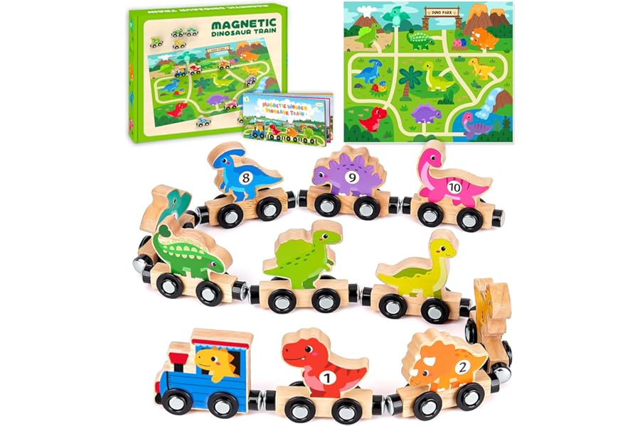 Toddler Dinosaur Toys for 1 2 3 Year Old Boys, Wooden Magnetic Dinosaur Train Toys for Boys Girls age 1-3, Montessori Educational Toys for 1-2-3 Year Olds, Birthday Gifts for 1 2 3 Year Old Boy Girl