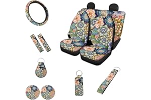 Belidome Autositzbezug-Set mit hellen Blüten, bunter Boho-Blumendruck, Sicherheitsgurtpolster, Lenkradschutz, Untersetzer, Schlüsselanhänger, Chapstick-Halter, 12 Stück, Boho Floral, Einheitsgröße