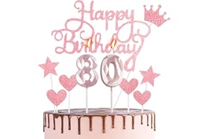 HONGCI Happy 80th Birthday Cake Topper & Candles - Rose Gold Number 80 for Cake Decorations - Rose Pink Cupcake Topper for Women
