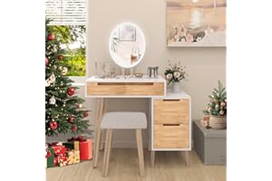 YU YUSING Schminktisch mit Beleuchtung, LED-Spiegel, Frisiertisch mit 4 Schubladen, 1 Schrank, Kosmetiktisch mit Stuhl, 3 Farben LED, Frisierkommode Make-up-Tisch für Wohnzimmer Schlafzimmer, Modern