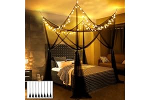 HEYCOLOR 4 Corner Black Bed Canopy With 100 LED Star String Lights Elegant Black Canopy Bed Curtain for Bedroom Decoration Battery Powered, Gothic Style for Boy Women Bedroom Single Double Size Bed