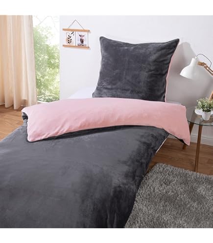 Soifox Flanel winterbeddengoed, 135 x 200 cm, roze, wollig en warm, voelt aan als kasjmier, dekbedovertrek kussensloop 80 x 80 cm, met ritssluiting