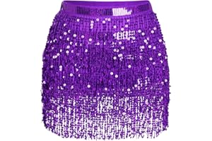 JERBRO Glitzer Damen Rock Pailletten Rock Bauchtanz Kostüm Mini Rock Cowgirl Kostüm Tanzkleid Rave Outfit Hüfttuch Kostüm für Damen Mädchen