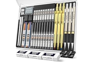 Nicpro 35 Stück Kunst Druckbleistift Set, Metall Bleistifte 0,5 & 0,7 & 0,9 mm und 3 Stück 2 mm Fallminenstift mit 20 Dosen Ersatzminen(Farben 6B, 4B, 2B HB, 2H, 4H) zum Skizzieren und Zeichnen(Gold)